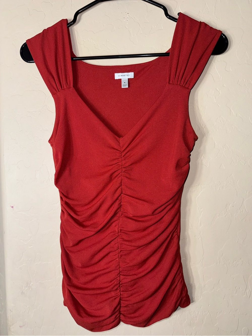 Semantiks Ruched Sleeveless V Neck Stretch Top Red Made in Korea Size S Y2K